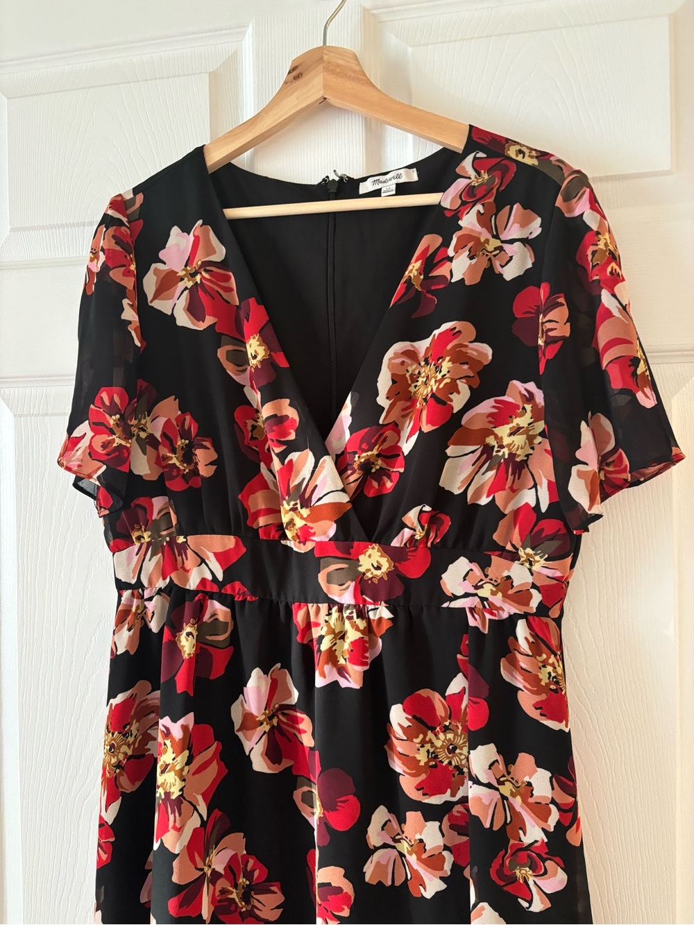 Madewell Black Floral Mini Dress with Red and Pink Blossoms - Picture 3 of 7